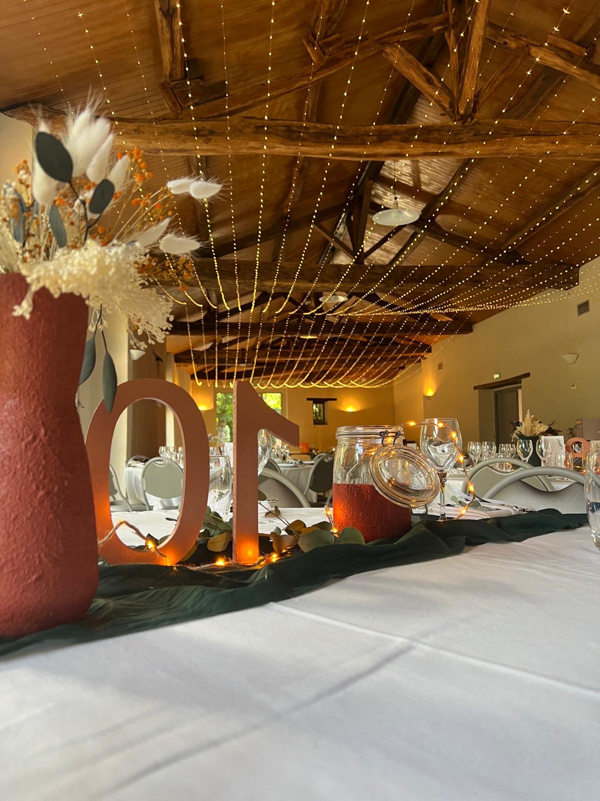 Mariage Parc de Tirpoil salle intérieure ciel étoilé table blanche chemin de table vieux rose vert sapin vase fleurs sèches numéro de table leds