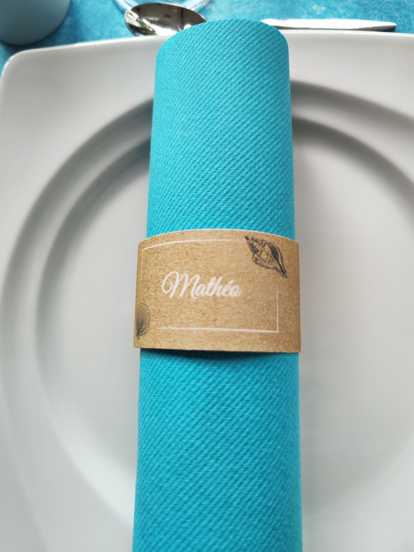 Mariage Salle du Verger serviette bleu et marque place craft